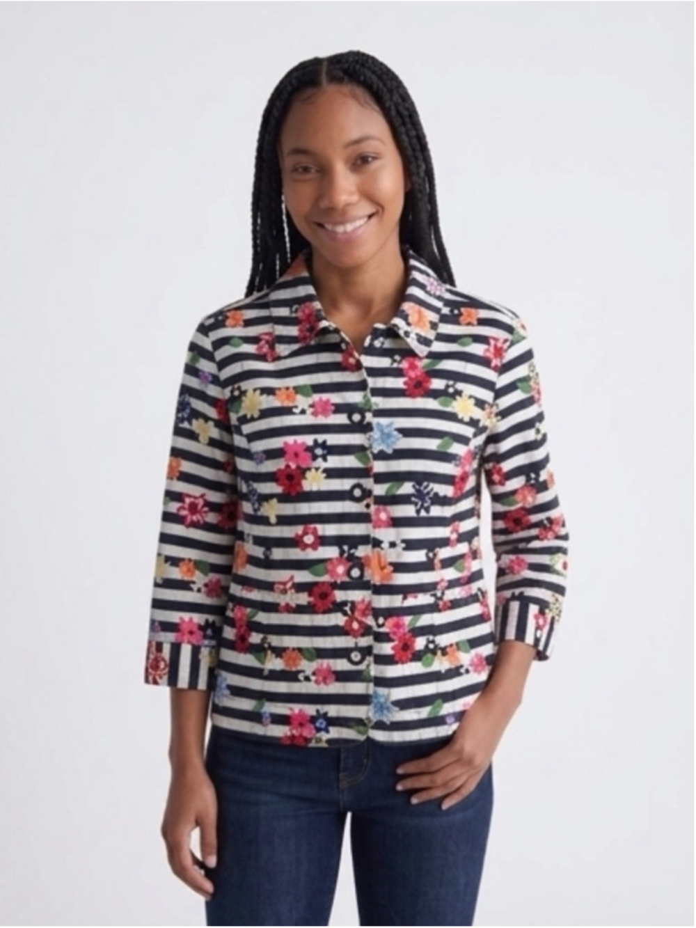 Christopher & Banks Blazer Jacket Womens Small S Stripe Floral Button Casual Top